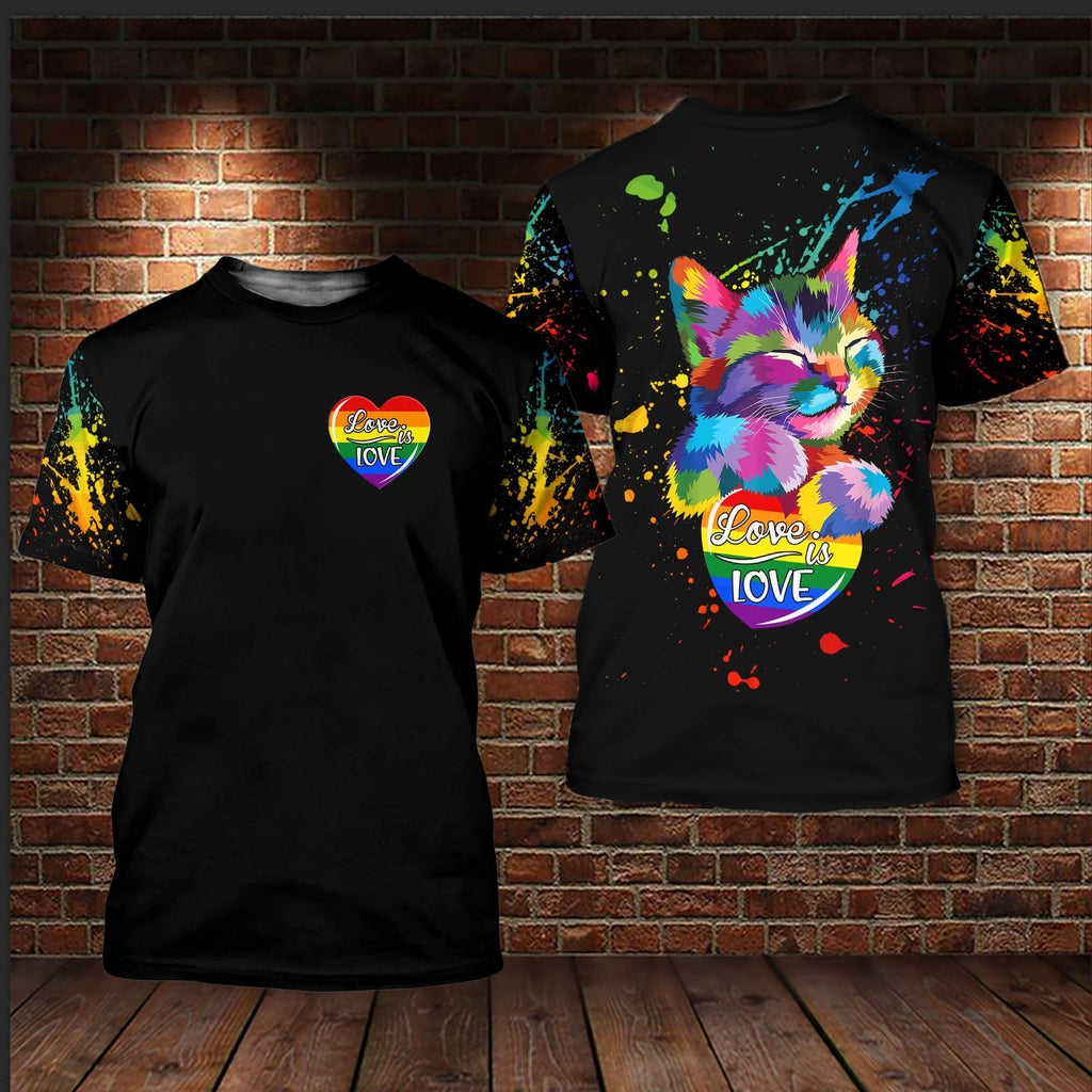 LGBT Cat T-shirt Splatter Rainbow Watercolor Cat Love Is Love Black T-shirt Hoodie Adult Full Print