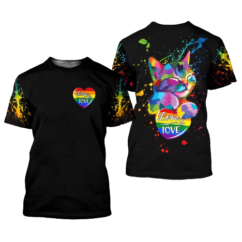 LGBT Cat T-shirt Splatter Rainbow Watercolor Cat Love Is Love Black T-shirt Hoodie Adult Full Print