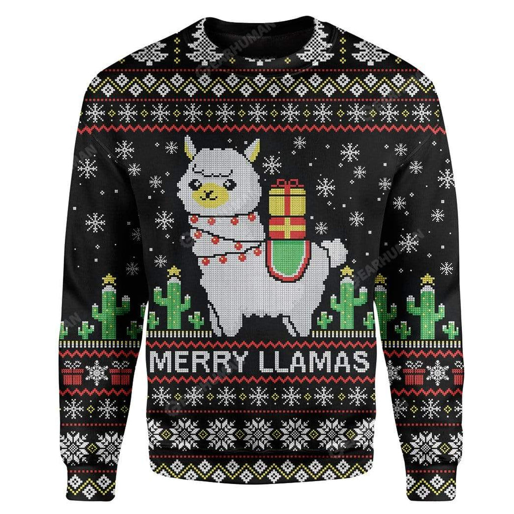 Llama Christmas Sweater Merry Llamas Christmas Pattern Black Ugly Sweater