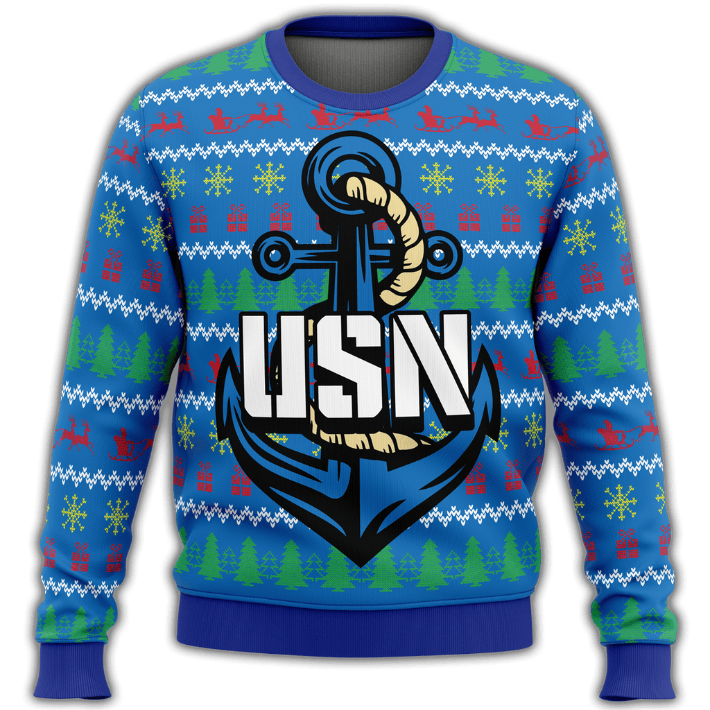 Veteran Sweater US Navy Anchor Veteran Christmas Pattern Blue Ugly Sweater