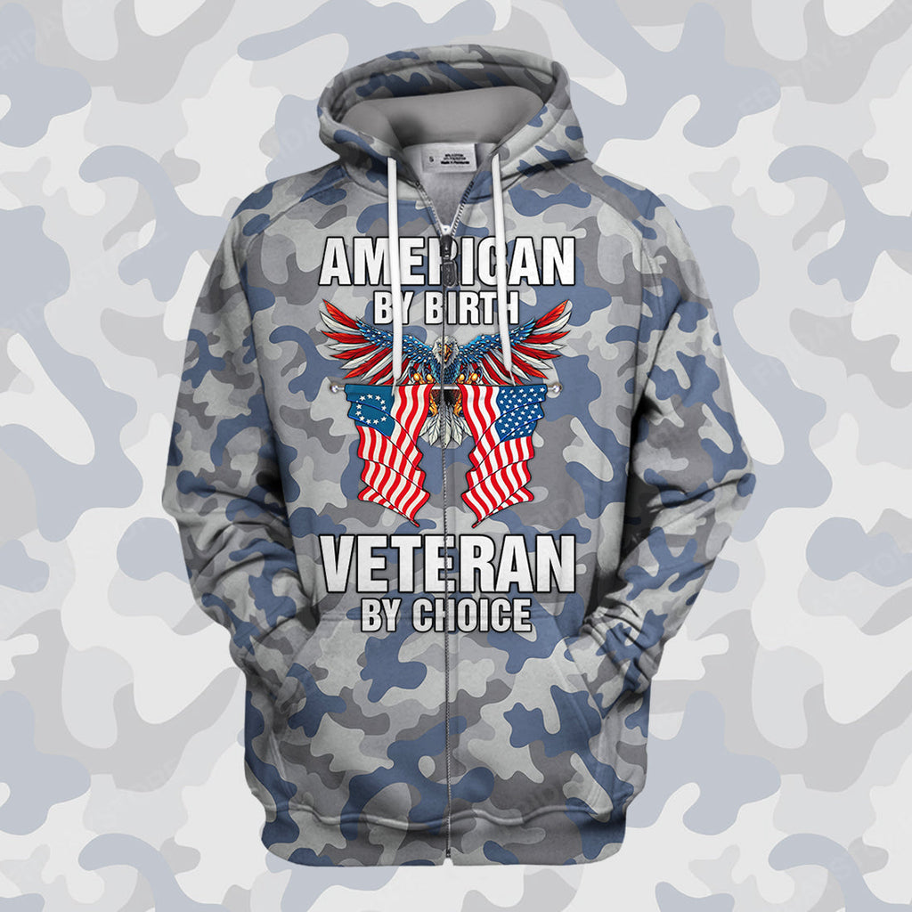 Veteran T-shirt American By Birth Veteran By Choice Blue Grey Camouflage T-shirt Hoodie Adult Full Print