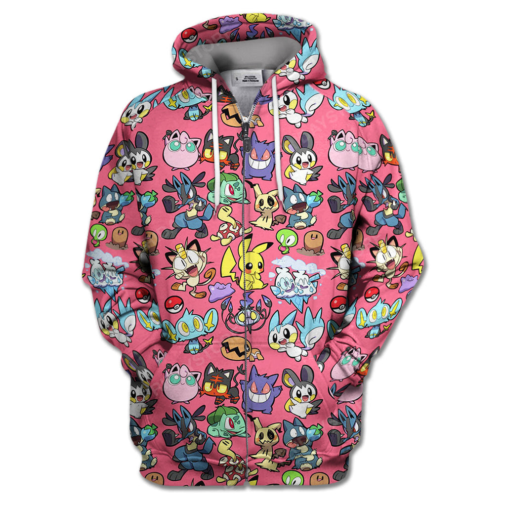 Pokemon T-Shirt Many Different Pokemons Pink Hoodie Pokemon Hoodie